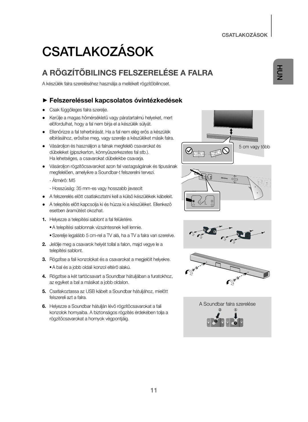 Samsung HW-J250/EN manual Csatlakozások, Rögzítőbilincs Felszerelése a Falra, + Felszereléssel kapcsolatos óvintézkedések 