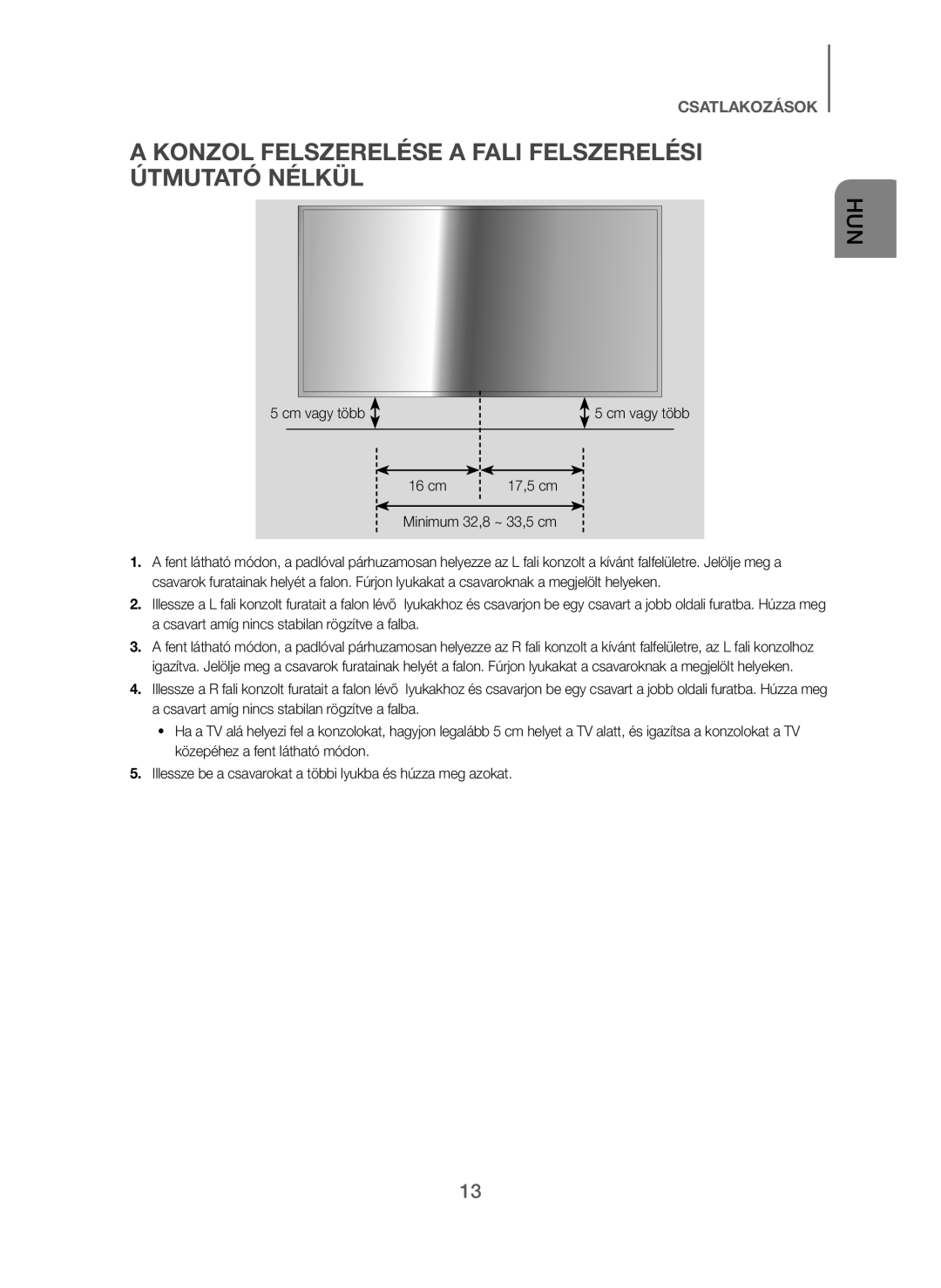 Samsung HW-J250/EN Konzol Felszerelése a Fali Felszerelési Útmutató Nélkül, Cm vagy több 16 cm, Minimum 32,8 ~ 33,5 cm 