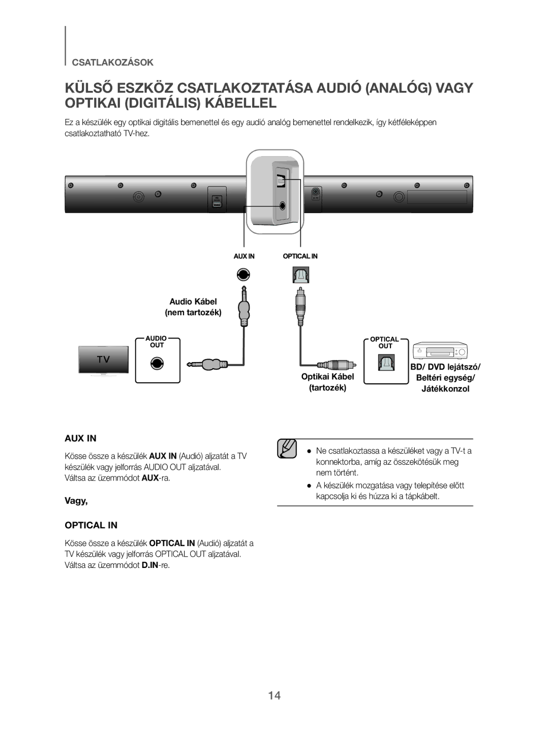 Samsung HW-J250/EN manual Audio Kábel Nem tartozék, Váltsa az üzemmódot AUX-ra, Beltéri egység 