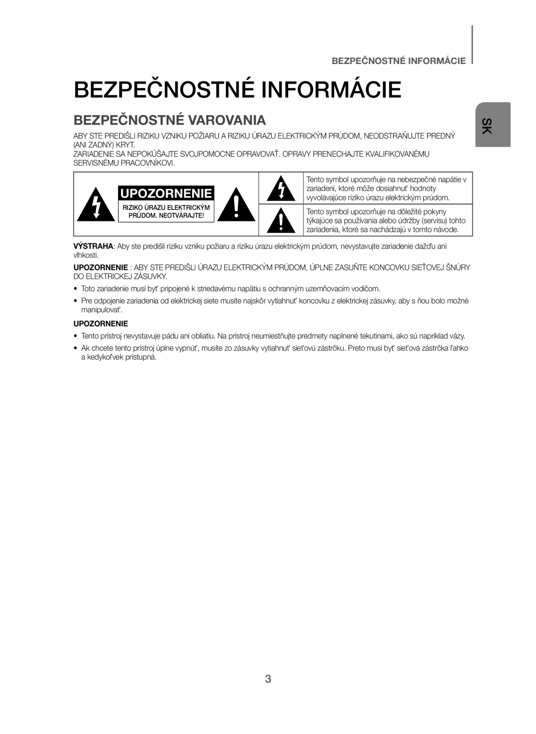 Samsung HW-J250/EN manual Bezpečnostné Informácie, Bezpečnostné Varovania 