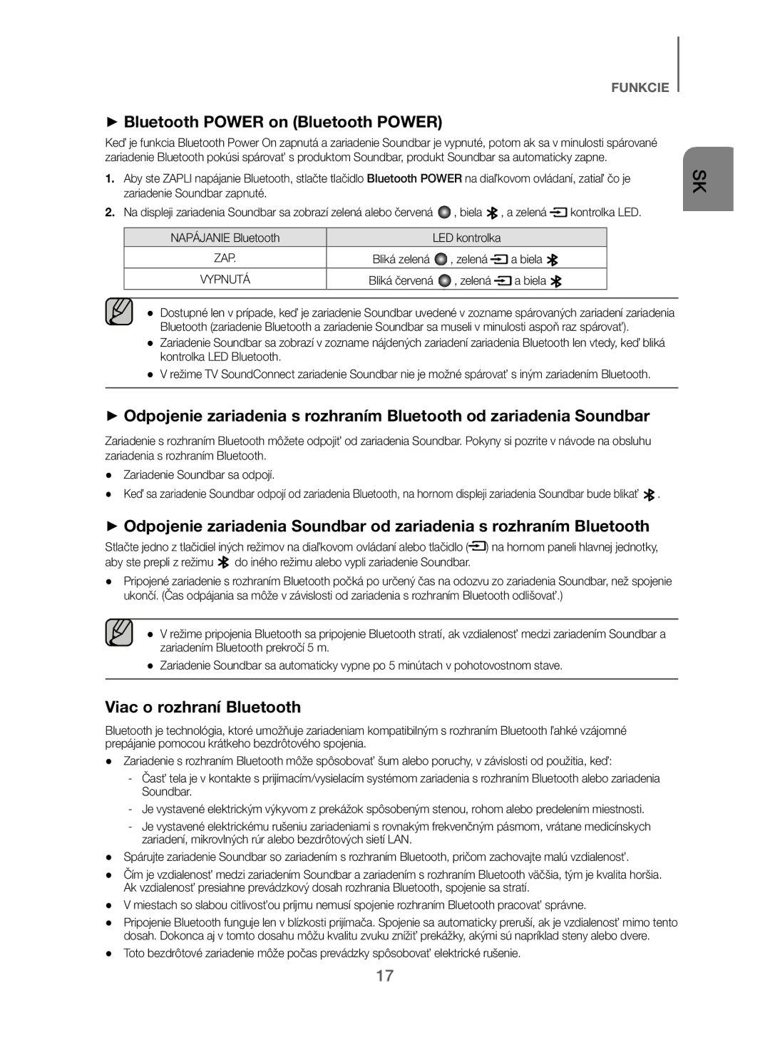 Samsung HW-J250/EN manual Viac o rozhraní Bluetooth, Napájanie Bluetooth LED kontrolka, Zelená Biela 