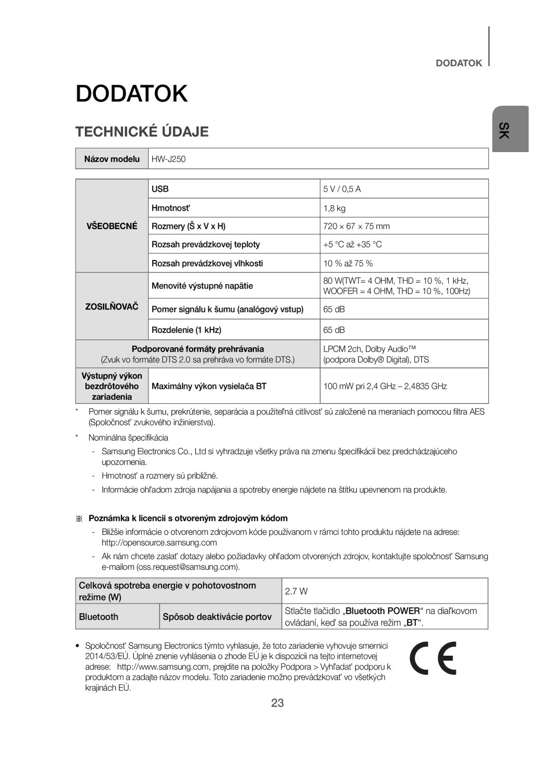 Samsung HW-J250/EN manual Dodatok, Technické Údaje, Názov modelu HW-J250, Poznámka k licencii s otvoreným zdrojovým kódom 