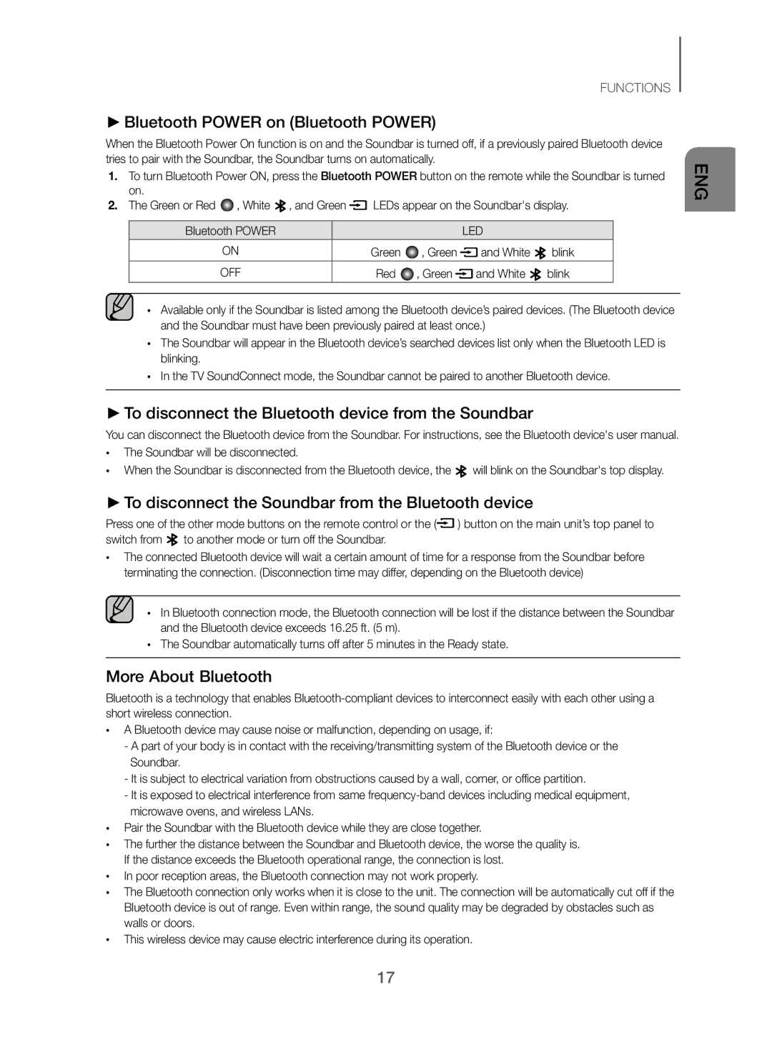 Samsung HW-J250/EN manual Bluetooth Power on Bluetooth Power, To disconnect the Bluetooth device from the Soundbar 