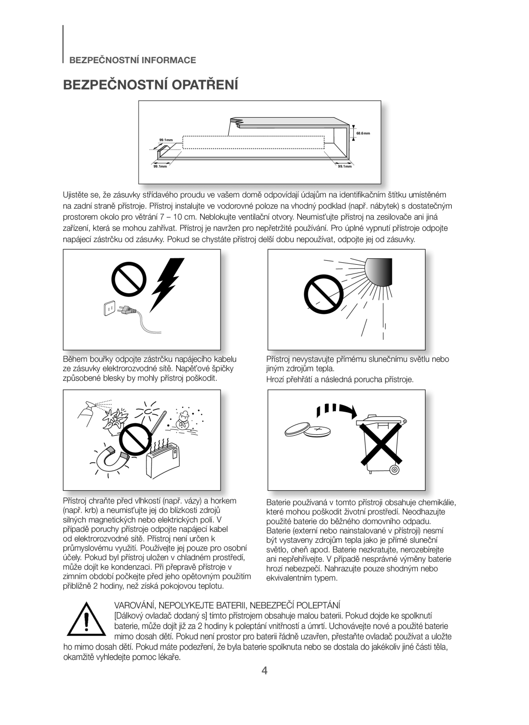 Samsung HW-J250/EN manual Bezpečnostní Opatření, VAROVÁNÍ, Nepolykejte BATERII, Nebezpečí Poleptání 