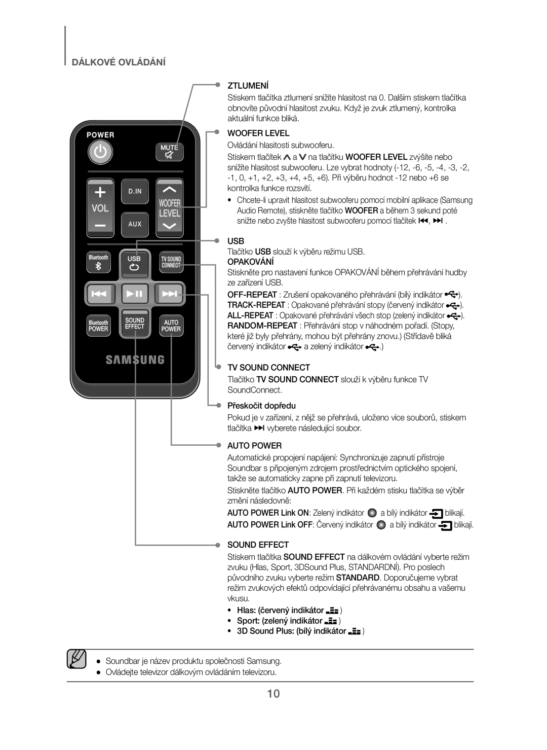 Samsung HW-J250/EN Ztlumení, Tlačítko USB slouží k výběru režimu USB, Opakování, Červený indikátor a zelený indikátor 