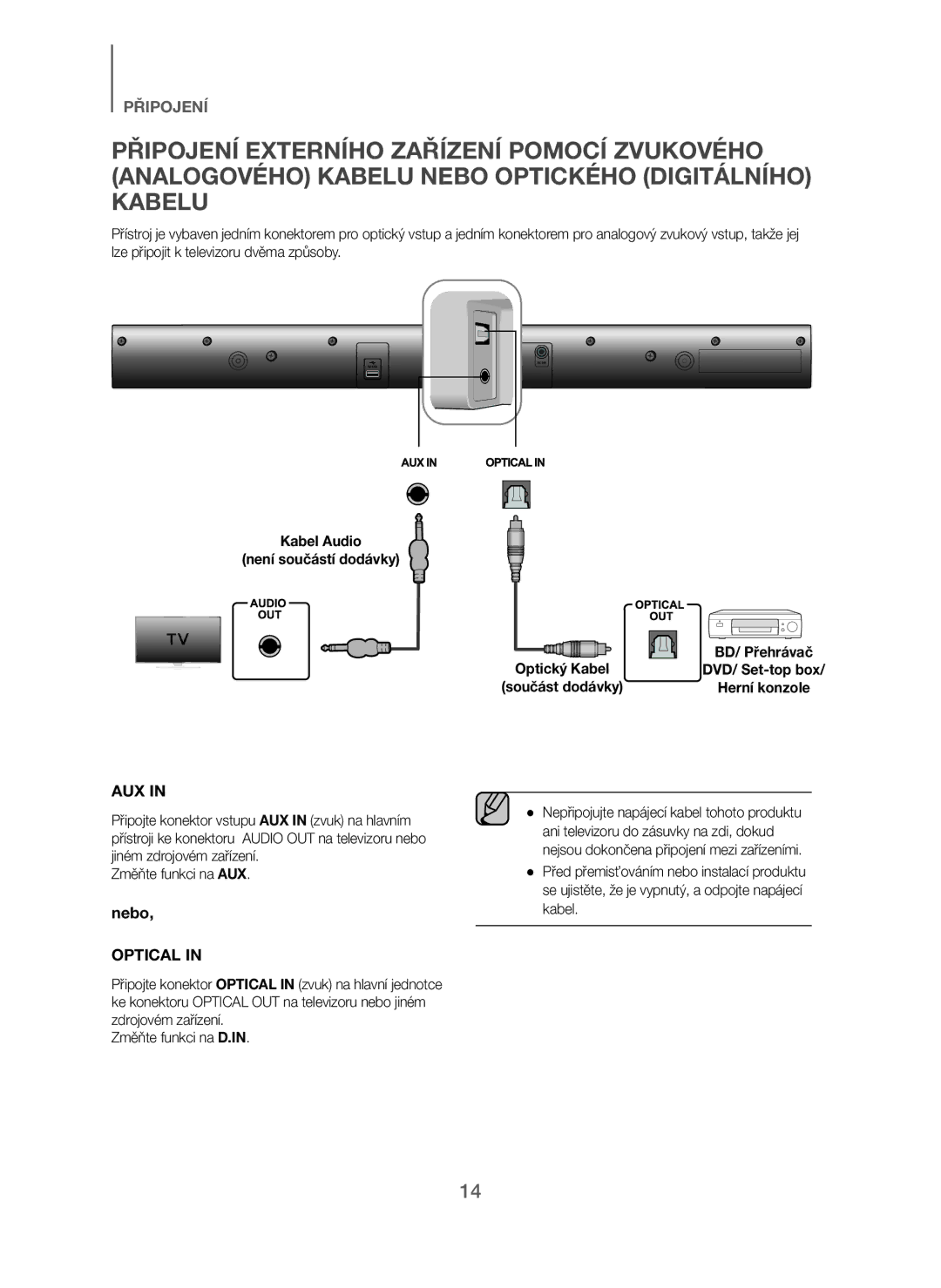 Samsung HW-J250/EN manual Kabel Audio Není součástí dodávky 