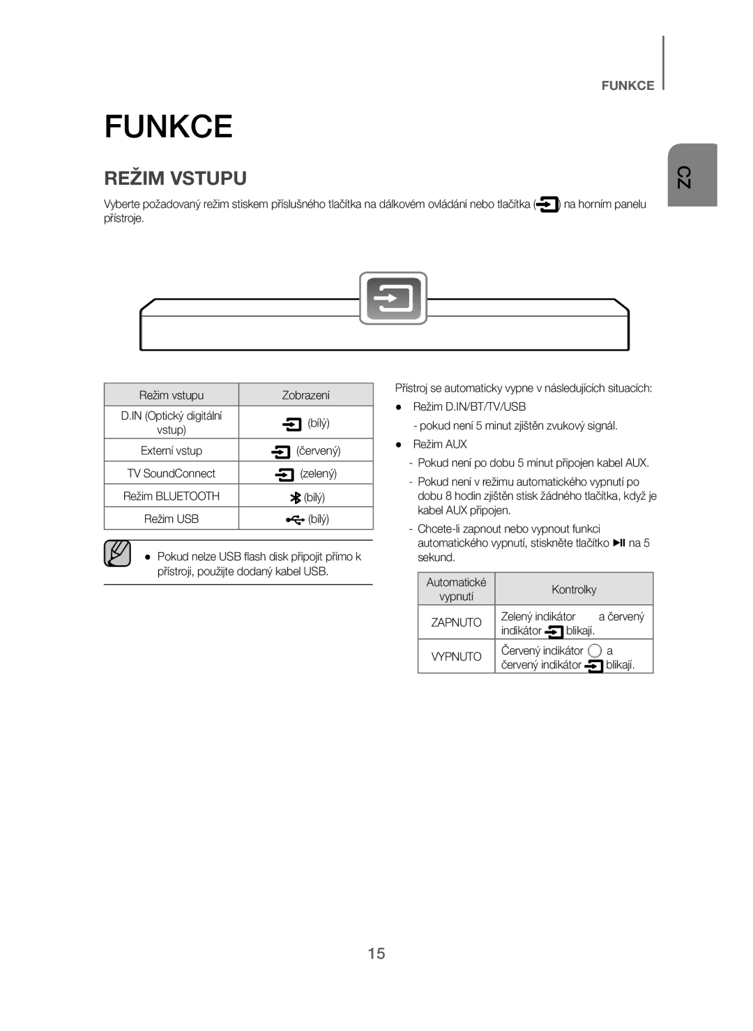 Samsung HW-J250/EN manual Funkce, Přístroje Režim vstupu Zobrazení, Bílý, Zelený indikátor, Červený indikátor Blikají 