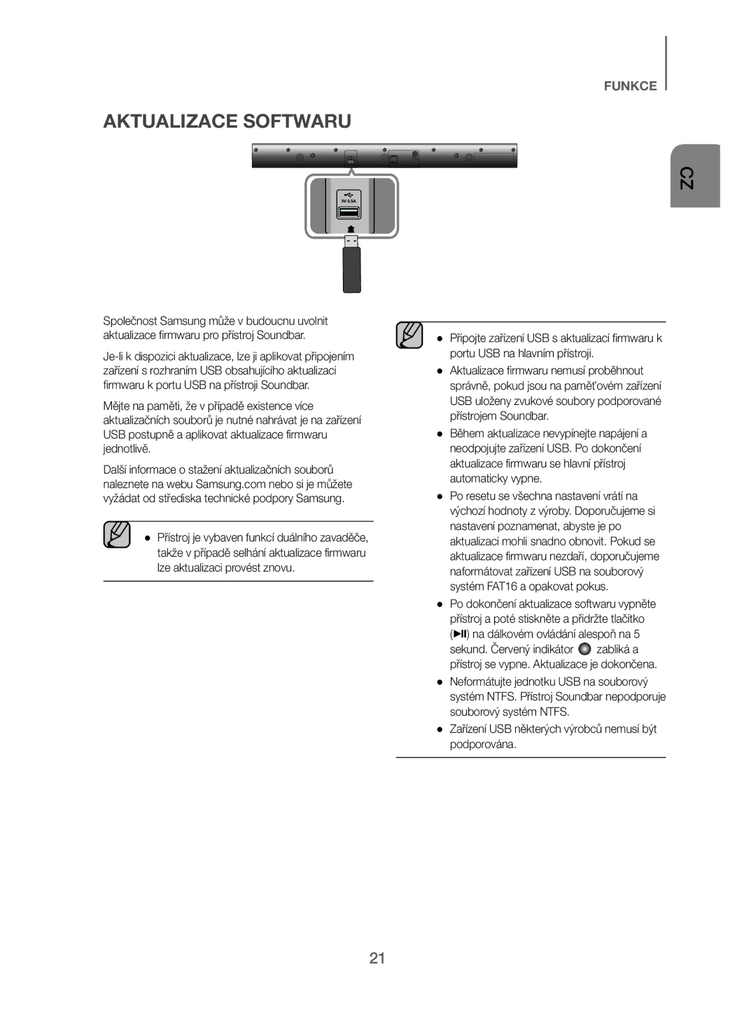 Samsung HW-J250/EN manual Aktualizace Softwaru, Zařízení USB některých výrobců nemusí být podporována 