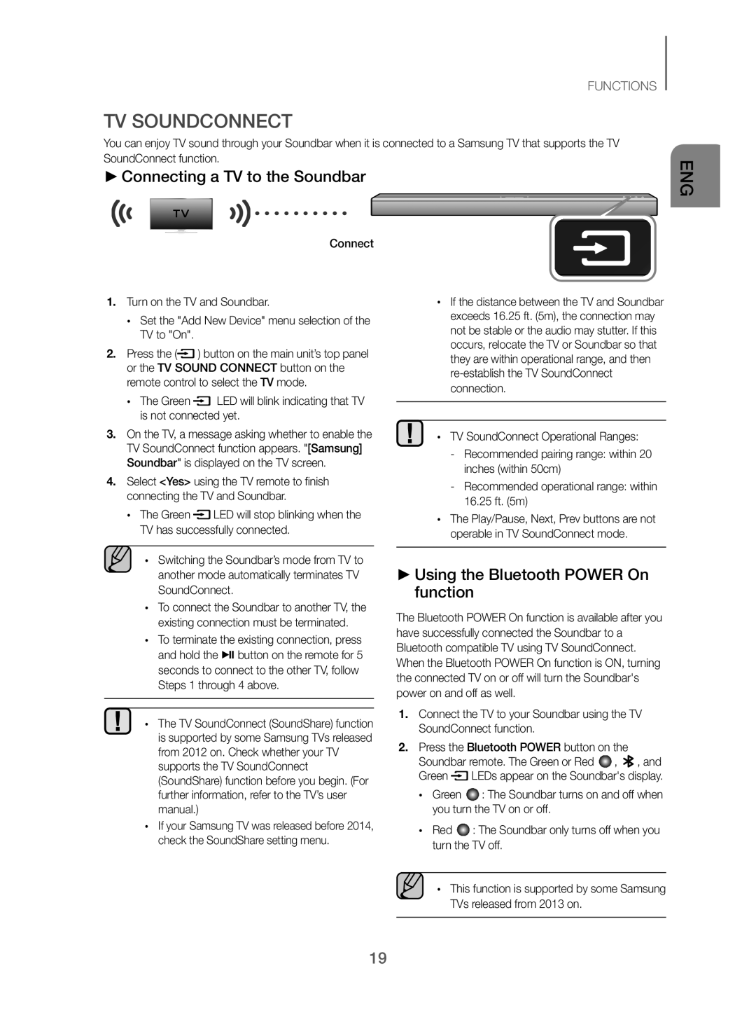 Samsung HW-J250/EN manual TV Soundconnect, Connecting a TV to the Soundbar, Using the Bluetooth Power On function 