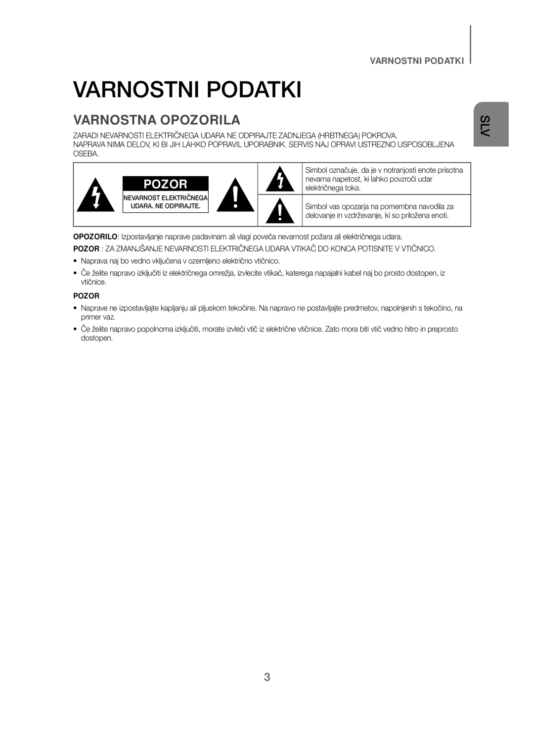 Samsung HW-J250/EN manual Varnostni Podatki, Varnostna Opozorila 