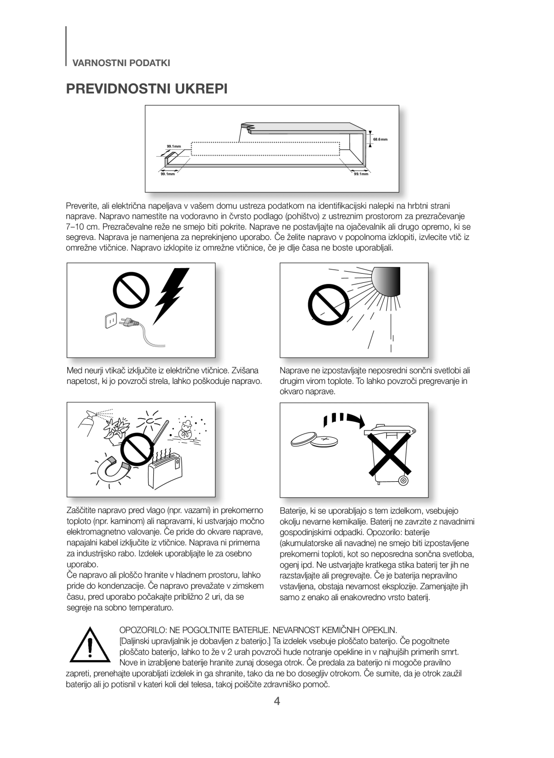 Samsung HW-J250/EN manual Previdnostni Ukrepi, Opozorilo NE Pogoltnite BATERIJE. Nevarnost Kemičnih Opeklin 