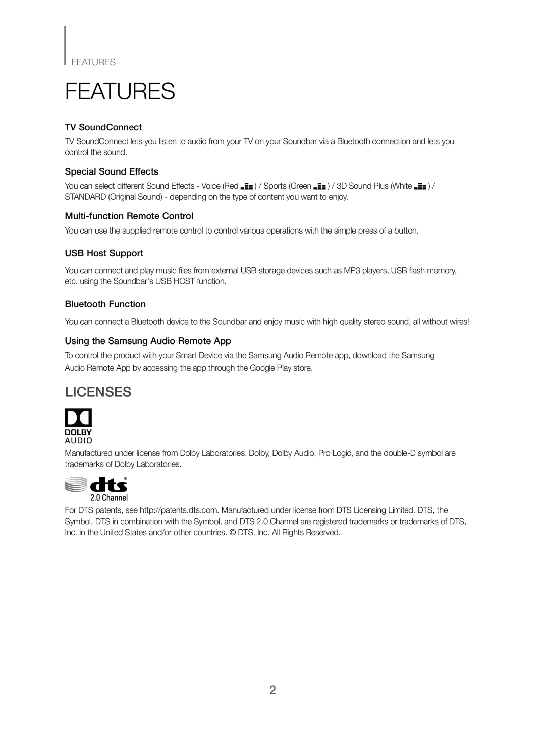 Samsung HW-J250/EN manual Features, Licenses 