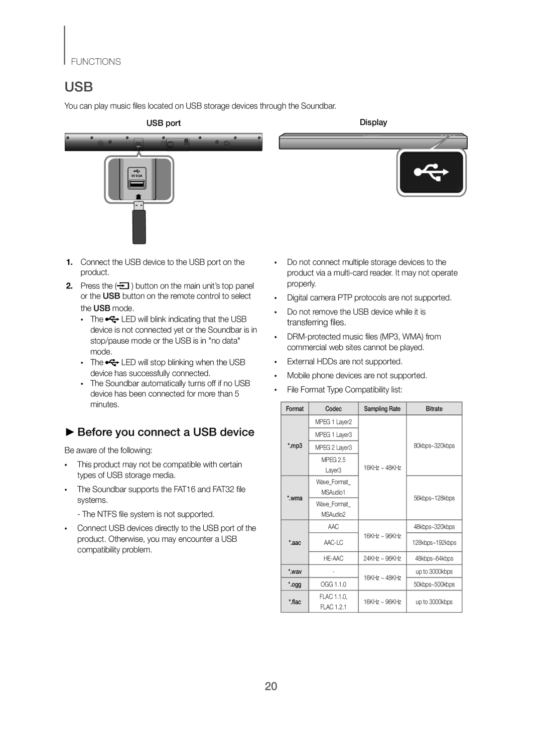 Samsung HW-J250/EN Usb, Before you connect a USB device, Connect the USB device to the USB port on the product, USB mode 