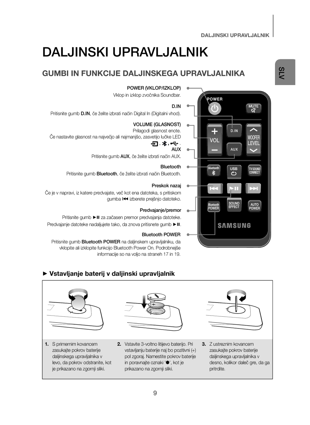 Samsung HW-J250/EN manual Daljinski Upravljalnik, Gumbi in Funkcije Daljinskega Upravljalnika, Power VKLOP/IZKLOP 