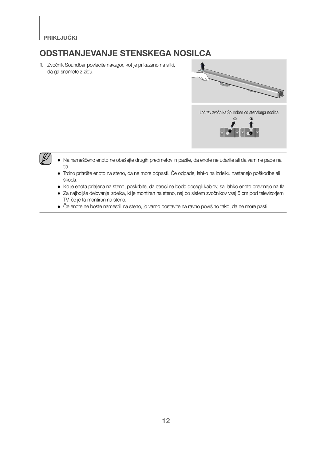 Samsung HW-J250/EN manual Odstranjevanje Stenskega Nosilca 