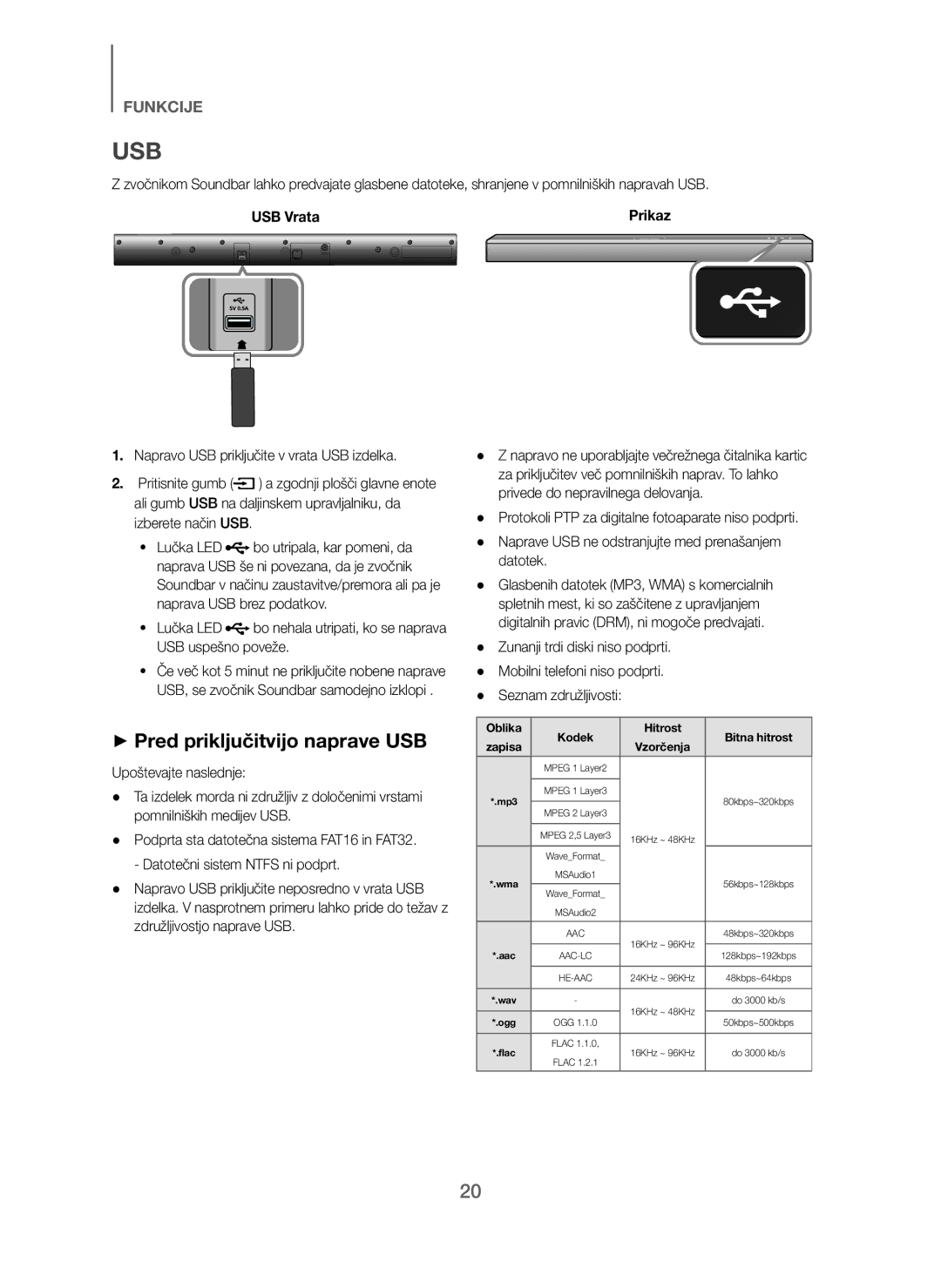 Samsung HW-J250/EN manual + Pred priključitvijo naprave USB, USB Vrata, Upoštevajte naslednje 