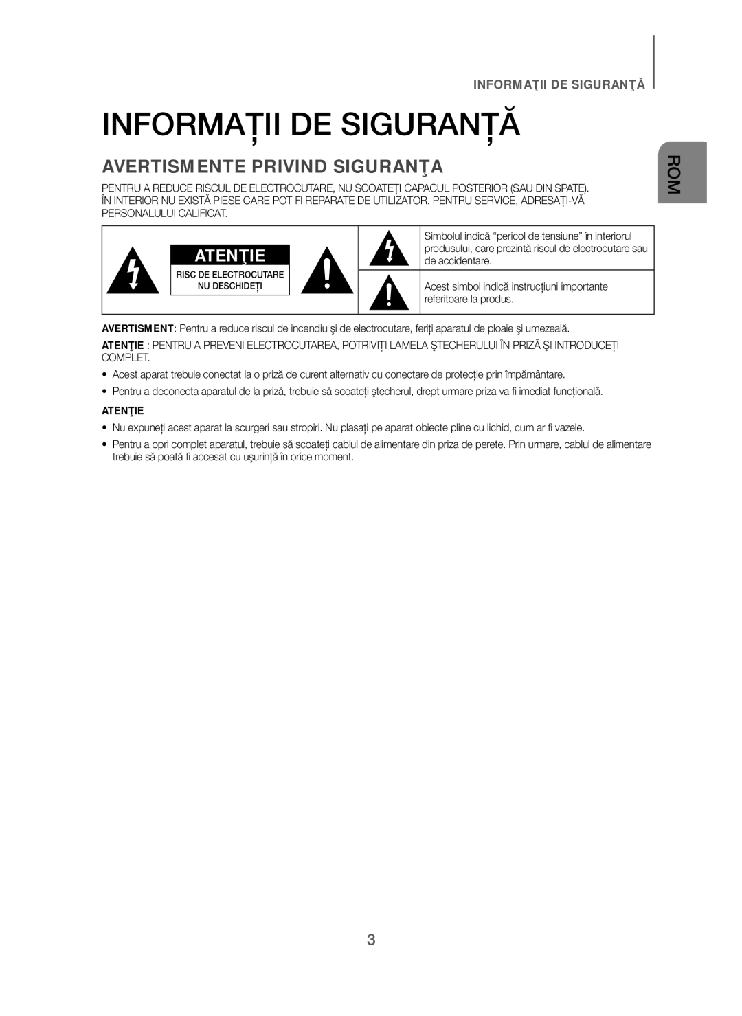 Samsung HW-J250/EN manual Informaţii DE Siguranţă, Avertismente Privind Siguranţa 