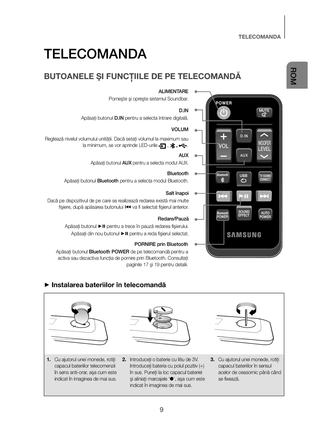 Samsung HW-J250/EN Telecomanda, Butoanele ŞI Funcţiile DE PE Telecomandă, + Instalarea bateriilor în telecomandă, Volum 