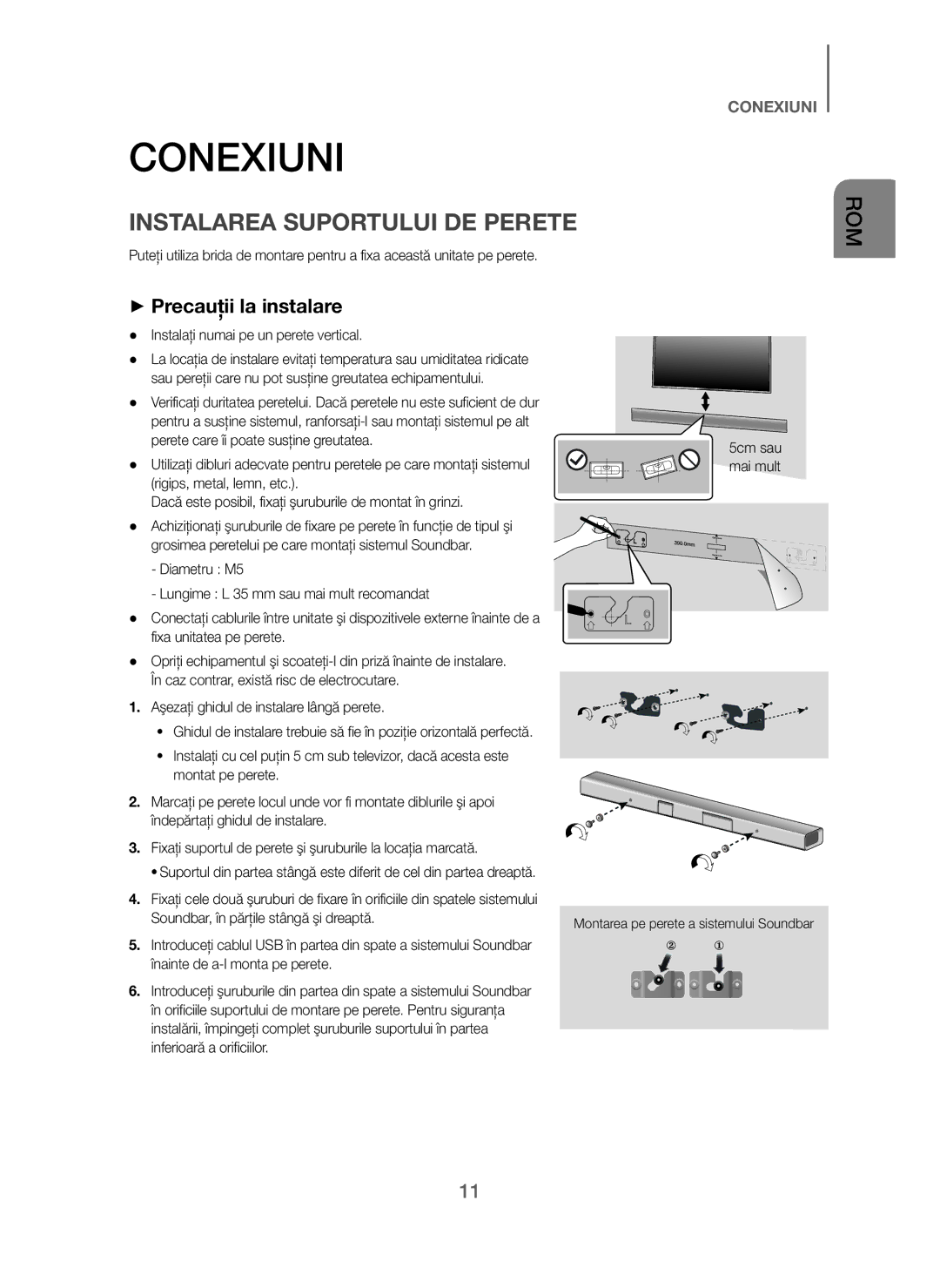 Samsung HW-J250/EN manual Conexiuni, Instalarea Suportului DE Perete, + Precauţii la instalare 