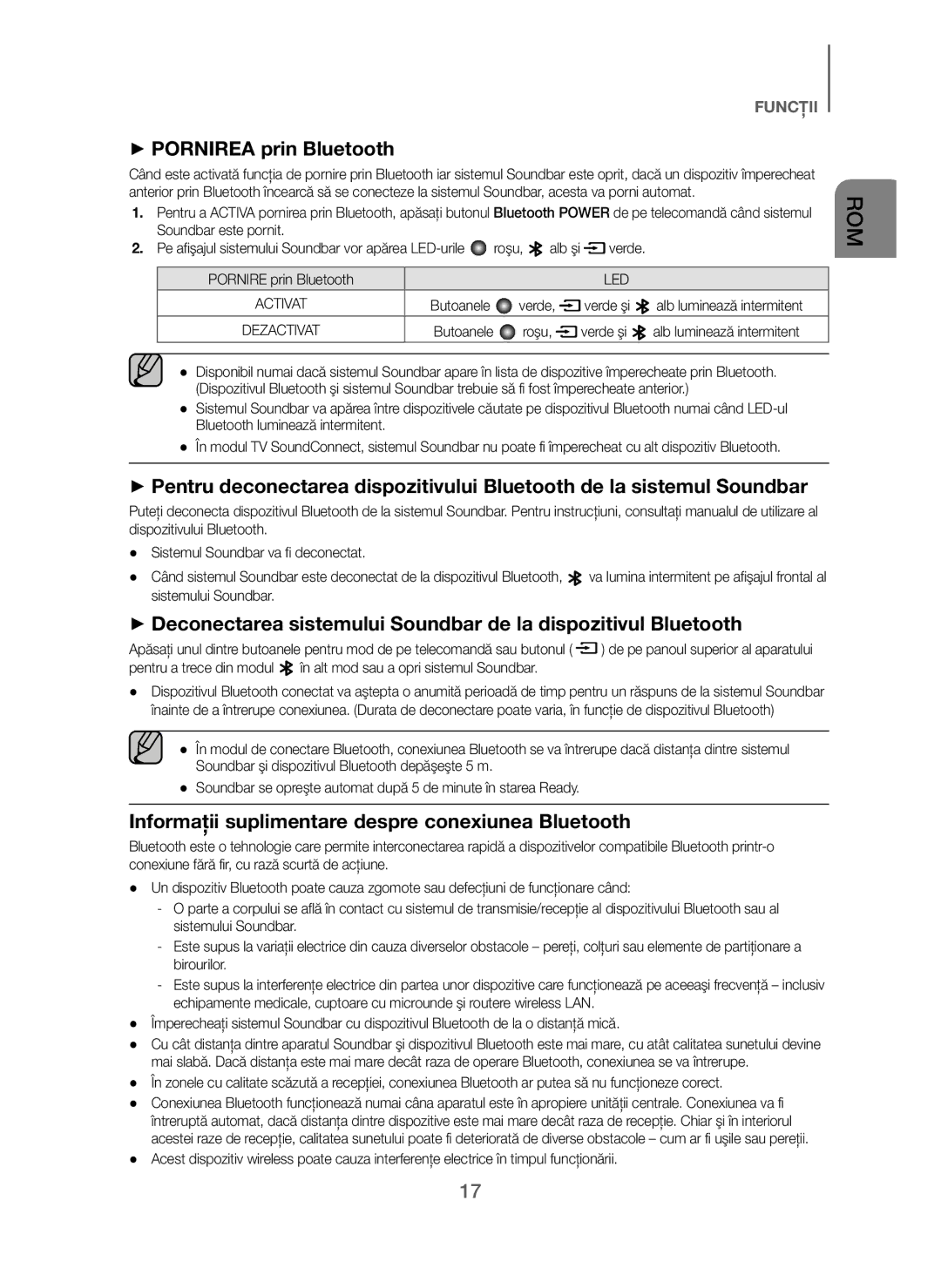 Samsung HW-J250/EN manual + Pornirea prin Bluetooth, Informaţii suplimentare despre conexiunea Bluetooth, Butoanele 