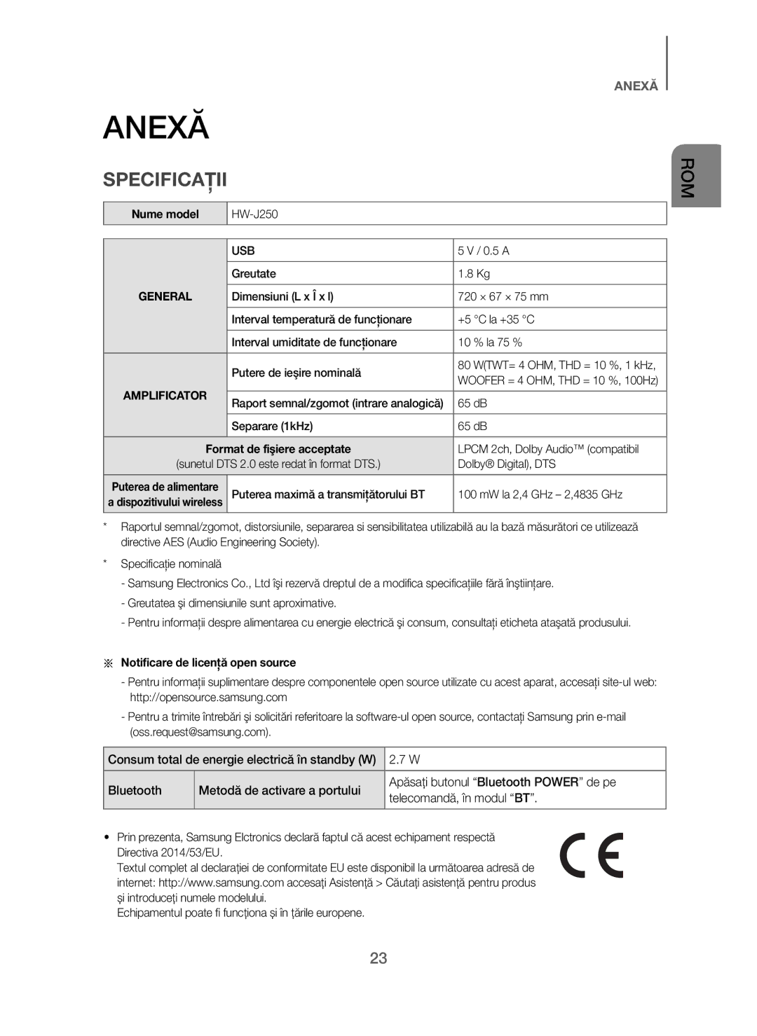 Samsung HW-J250/EN manual Anexă, Specificaţii, Nume model, Separare 1kHz 65 dB, Notificare de licenţă open source 