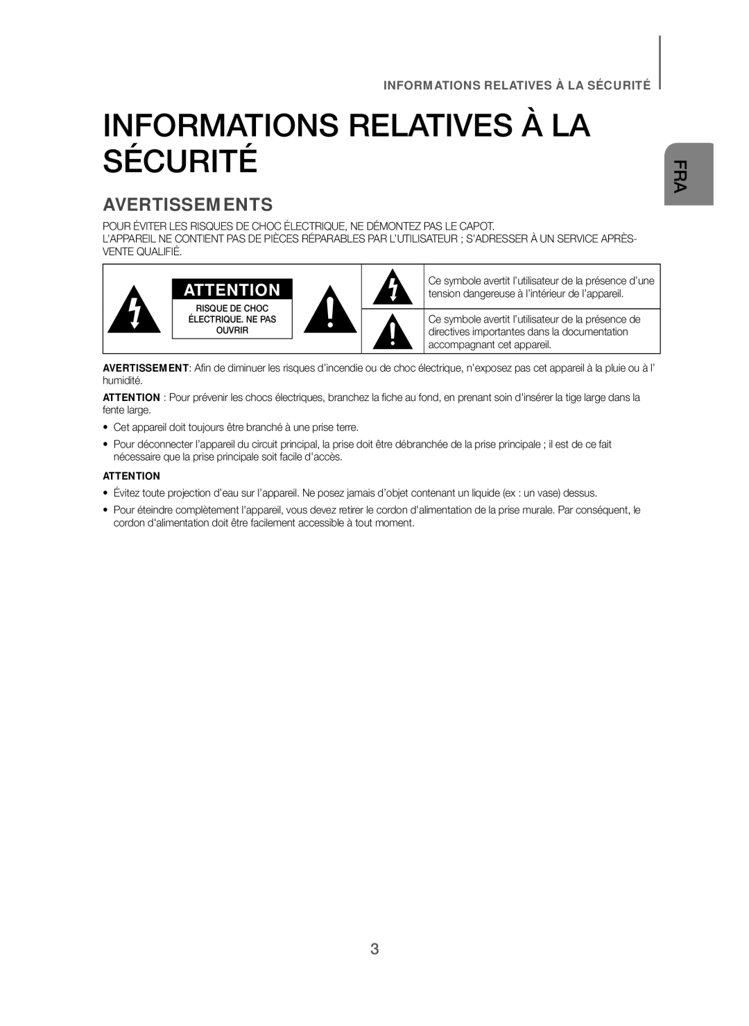 Samsung HW-J250/EN manual Informations Relatives À LA Sécurité, Avertissements 