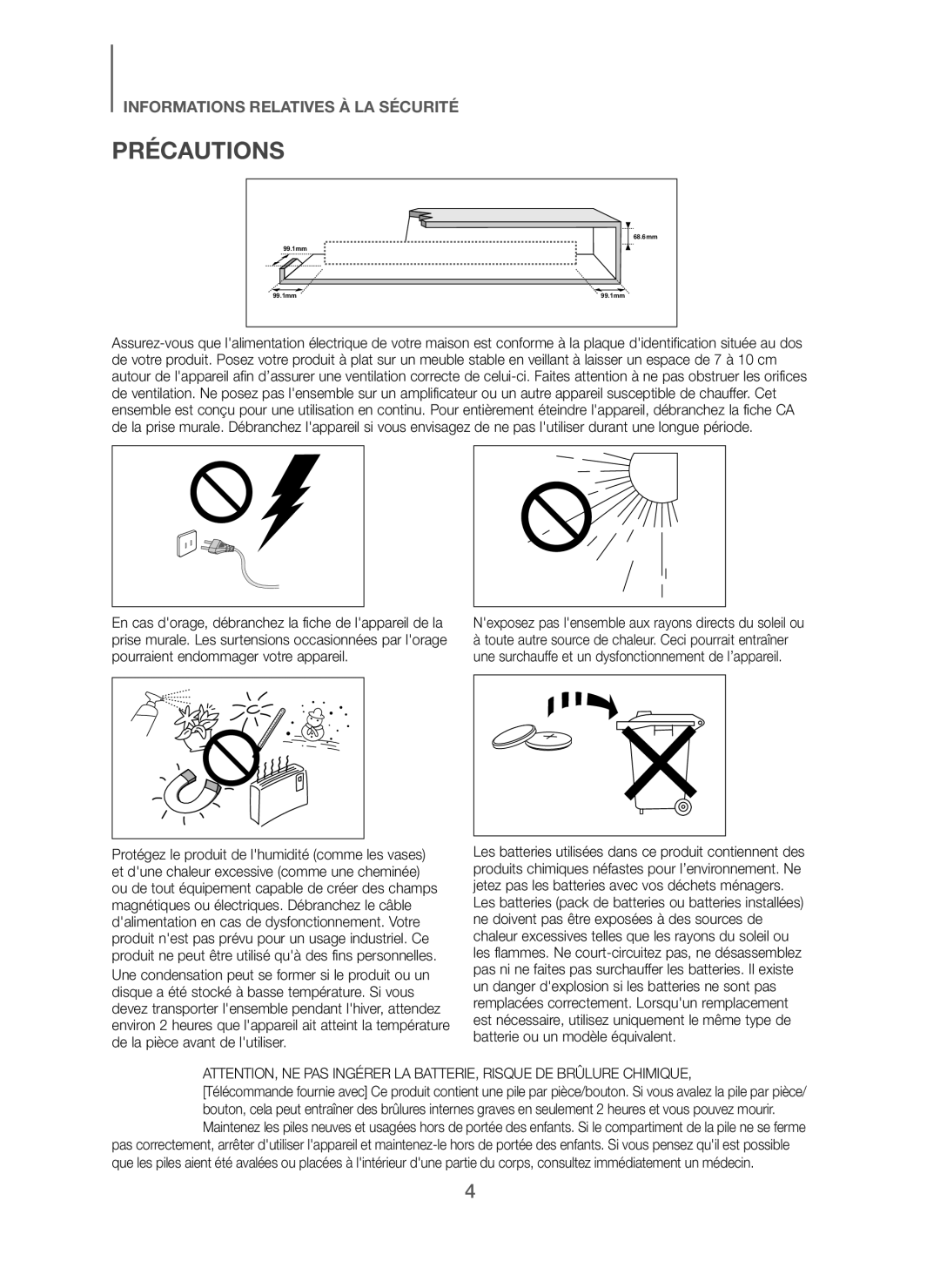 Samsung HW-J250/EN manual Précautions, Nexposez pas lensemble aux rayons directs du soleil ou 