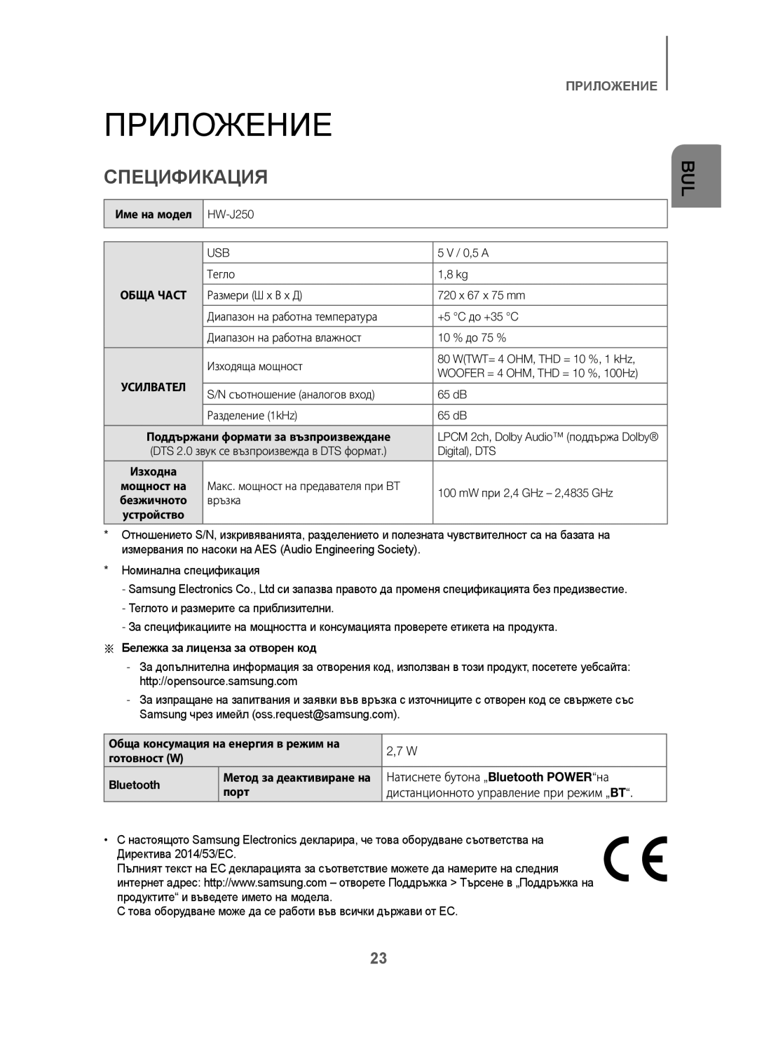 Samsung HW-J250/EN manual Приложение, Спецификация 