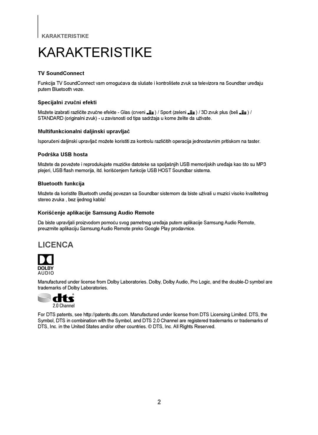 Samsung HW-J250/EN manual Karakteristike, Specijalni zvučni efekti 