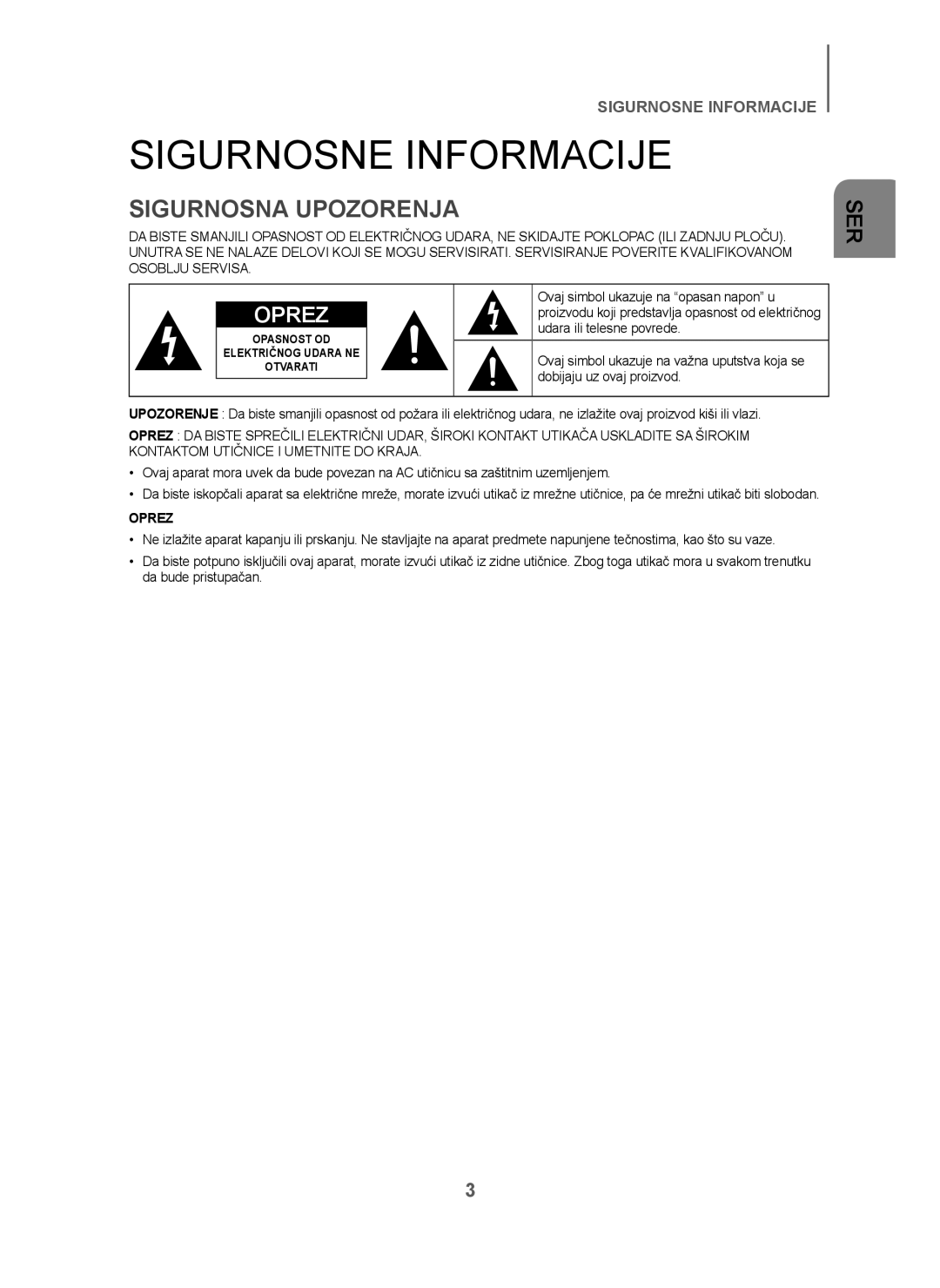 Samsung HW-J250/EN manual Sigurnosne Informacije, Sigurnosna Upozorenja 