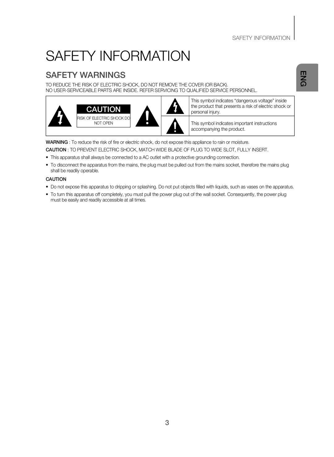 Samsung HW-J250/EN manual Safety Information, Safety Warnings 