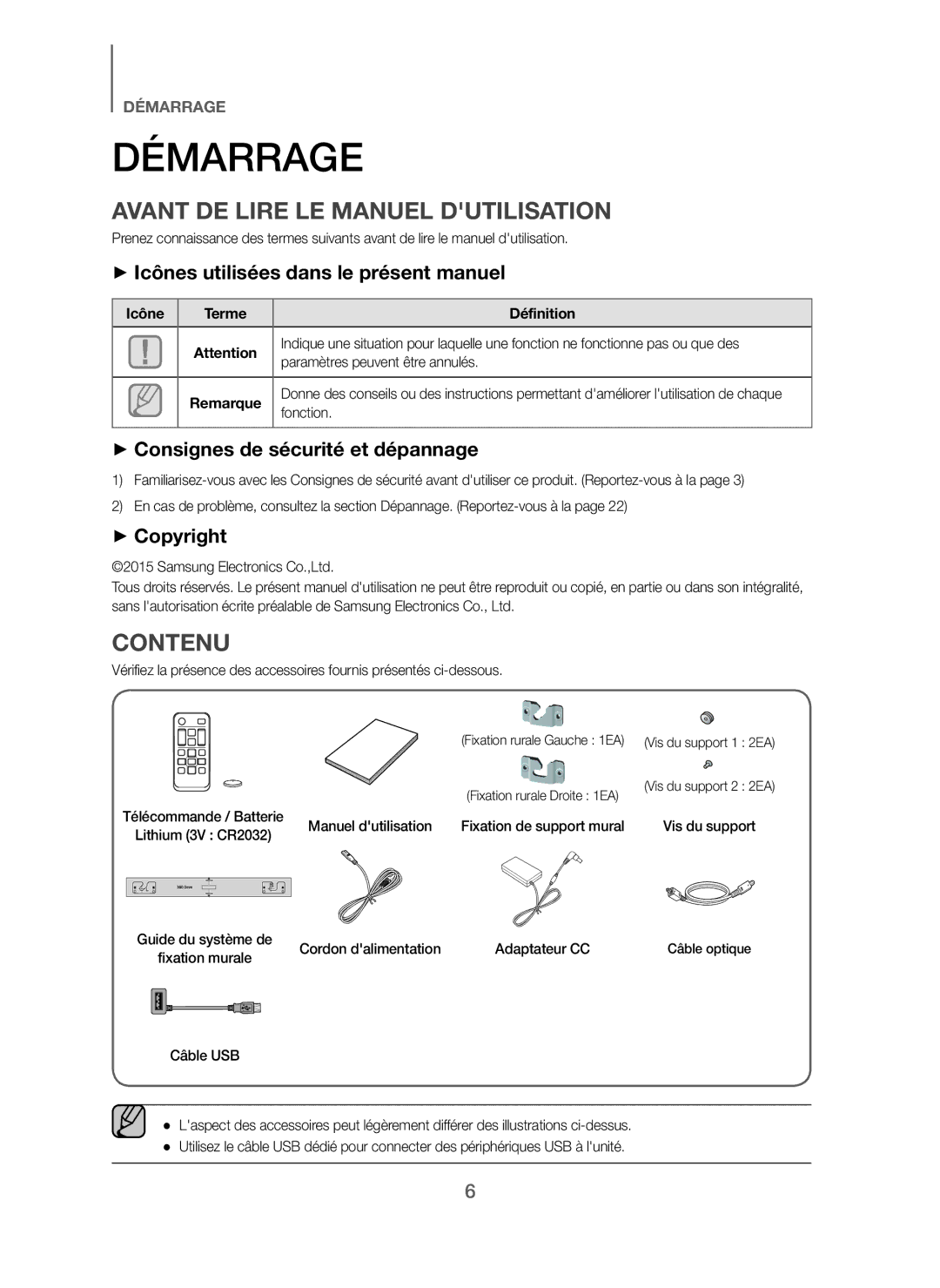 Samsung HW-J250/EN manual Démarrage, Avant DE Lire LE Manuel Dutilisation, Contenu 