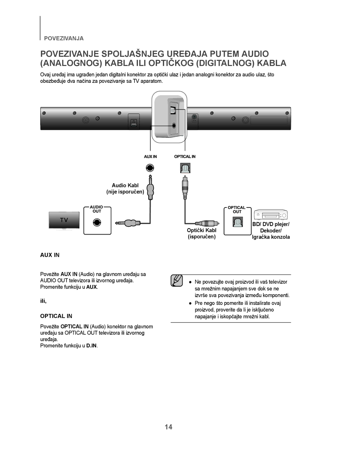 Samsung HW-J250/EN manual Audio Kabl Nije isporučen, Dekoder 