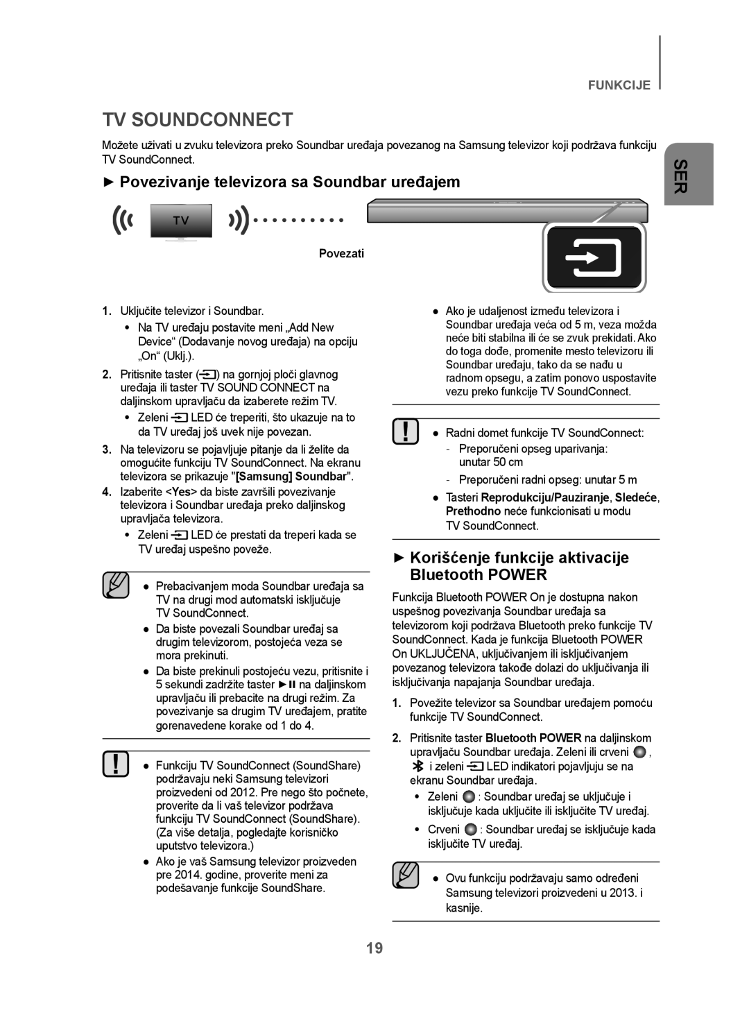 Samsung HW-J250/EN manual + Povezivanje televizora sa Soundbar uređajem, + Korišćenje funkcije aktivacije Bluetooth Power 