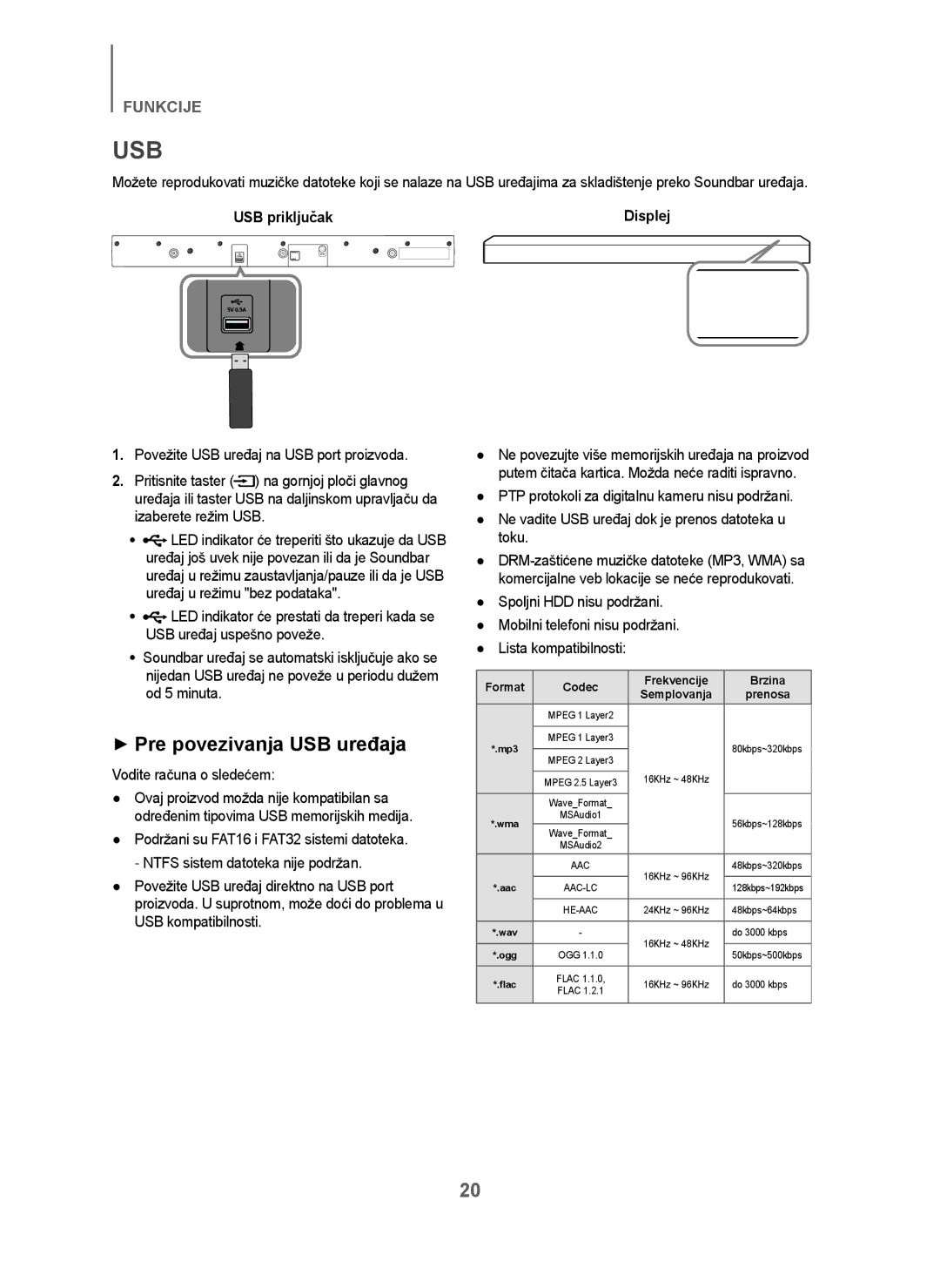 Samsung HW-J250/EN manual + Pre povezivanja USB uređaja, USB priključak, Vodite računa o sledećem 