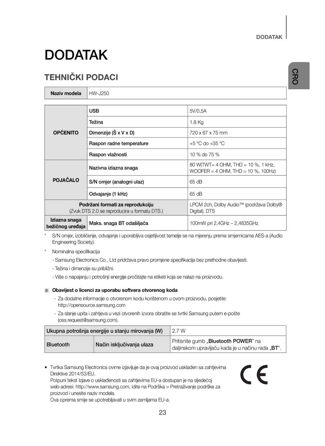 Samsung HW-J250/EN manual Tehnički Podaci, Omjer analogni ulaz 65 dB Odvajanje 1 kHz 