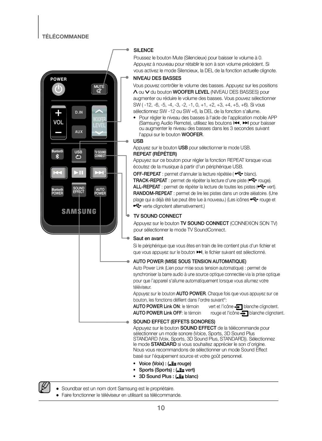 Samsung HW-J250/EN manual Silence, Niveau DES Basses, Repeat Répéter, Auto Power Mise Sous Tension Automatique 