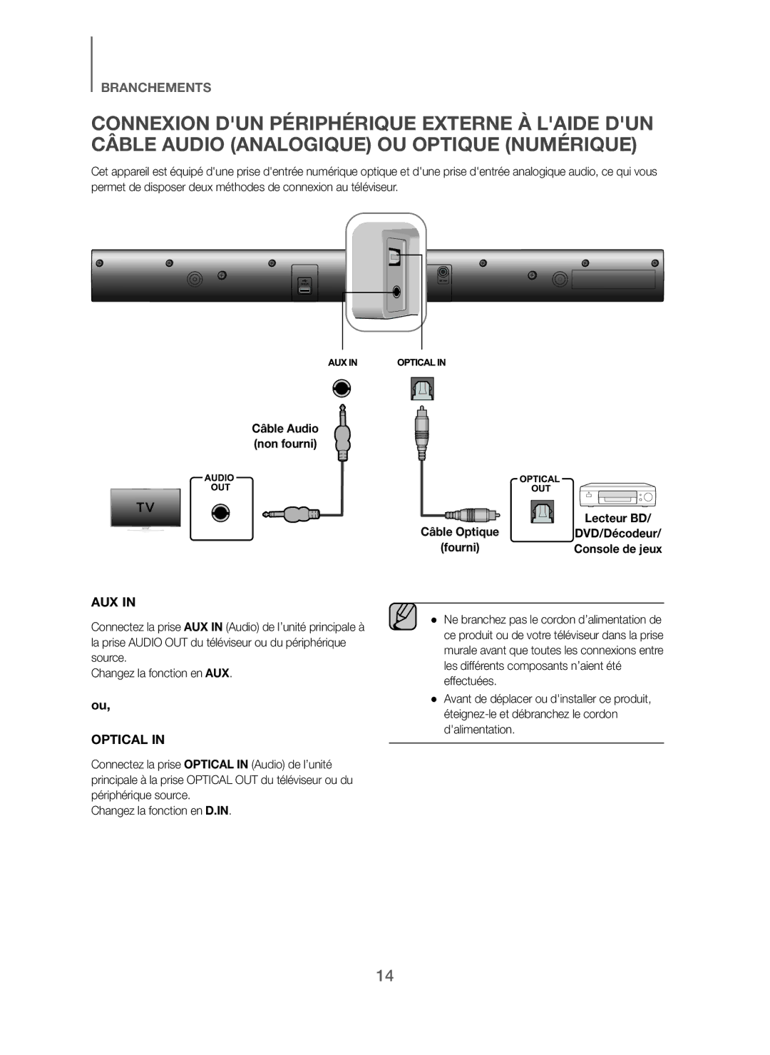 Samsung HW-J250/EN manual Aux, Câble Audio non fourni 