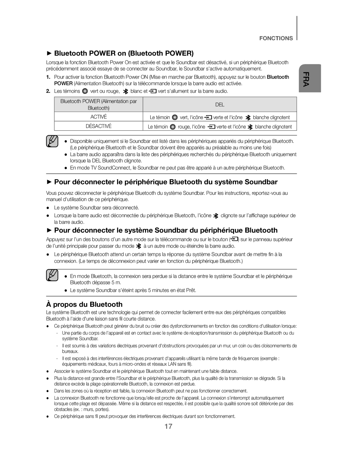 Samsung HW-J250/EN manual + Bluetooth Power on Bluetooth Power, Propos du Bluetooth, Le témoin, Verte et licône 