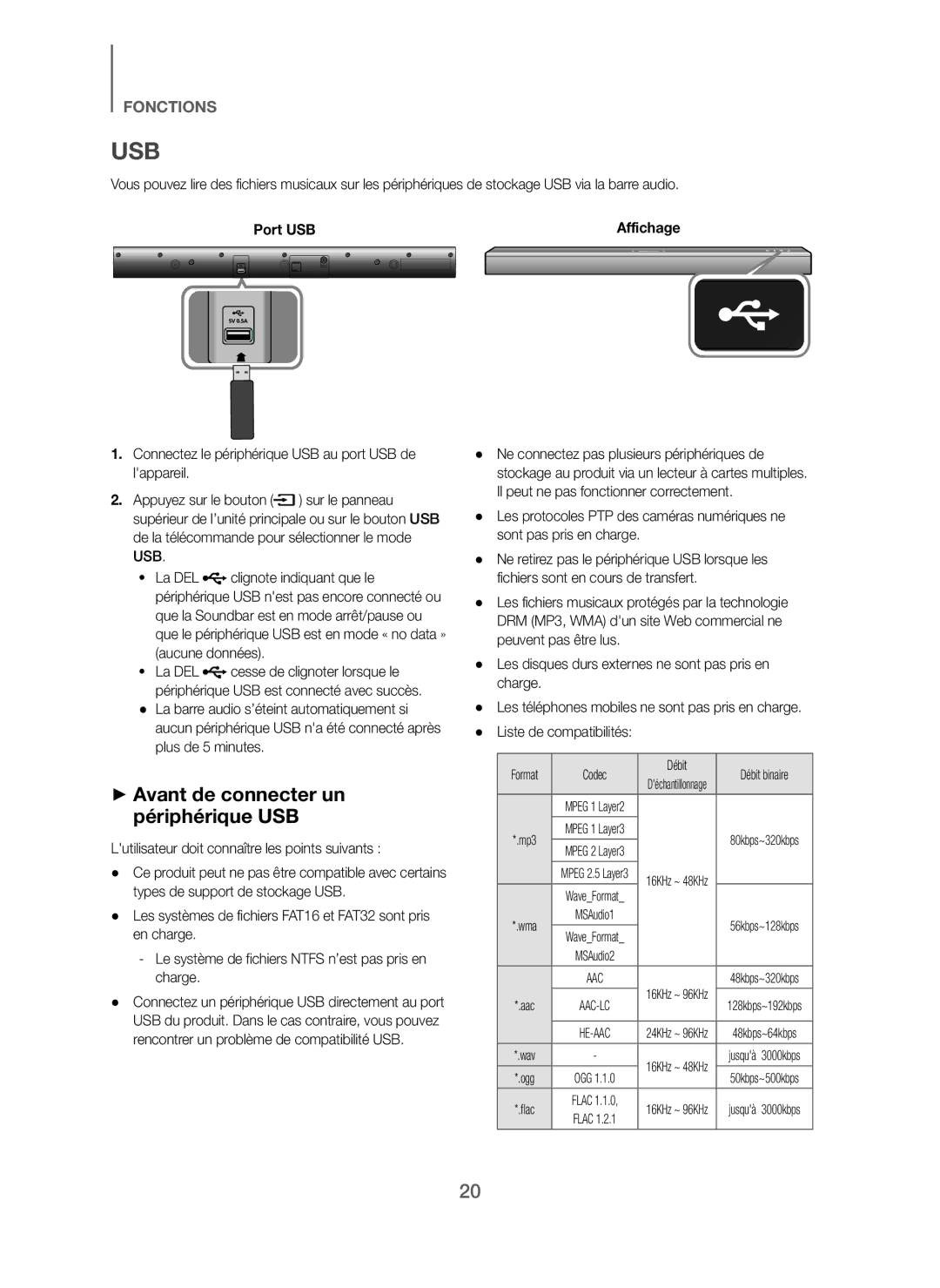 Samsung HW-J250/EN manual Usb, + Avant de connecter un périphérique USB, Port USB 