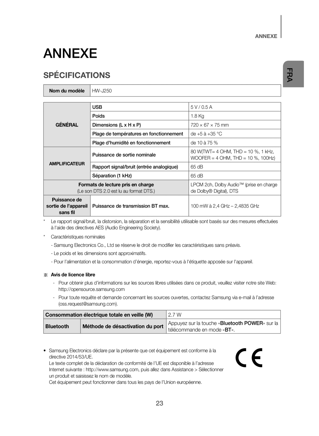 Samsung HW-J250/EN manual Annexe, Spécifications 