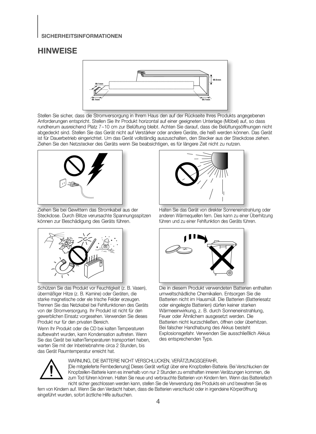 Samsung HW-J250/EN manual Hinweise, WARNUNG, DIE Batterie Nicht VERSCHLUCKEN, Verätzungsgefahr 