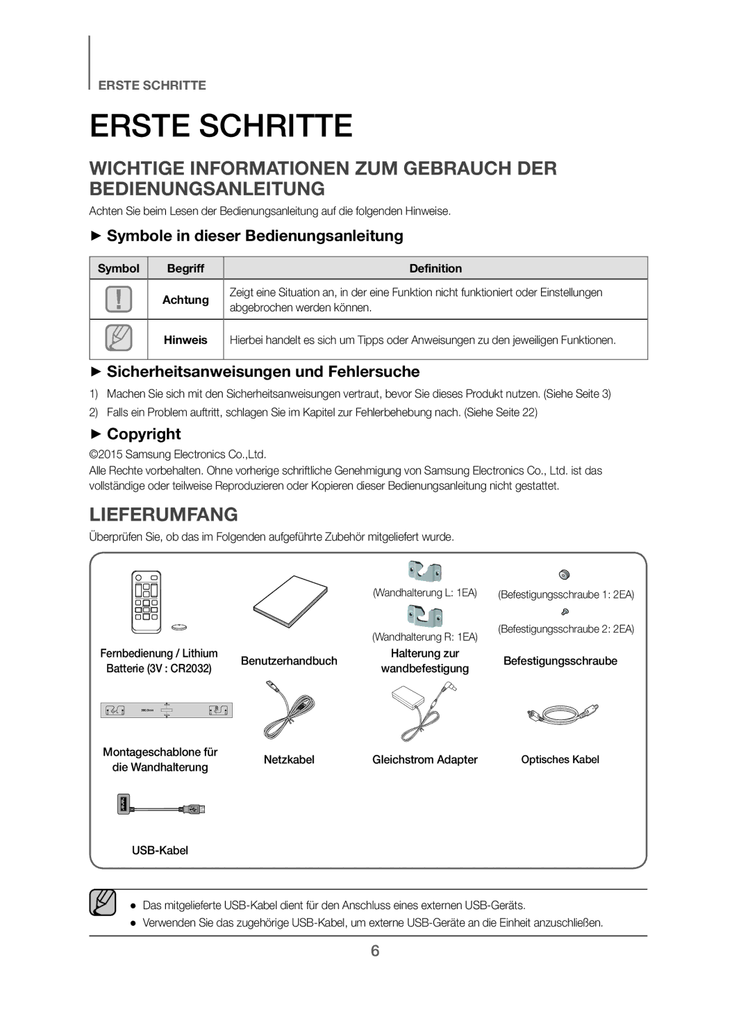 Samsung HW-J250/EN manual Erste Schritte, Wichtige Informationen ZUM Gebrauch DER Bedienungsanleitung, Lieferumfang 