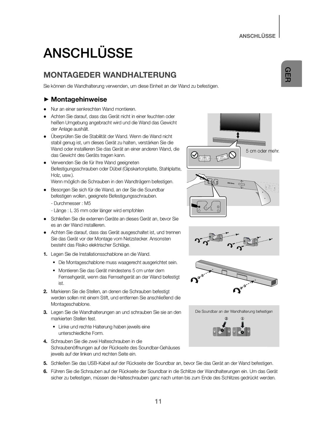 Samsung HW-J250/EN manual Anschlüsse, Montageder Wandhalterung, + Montagehinweise, Cm oder mehr 