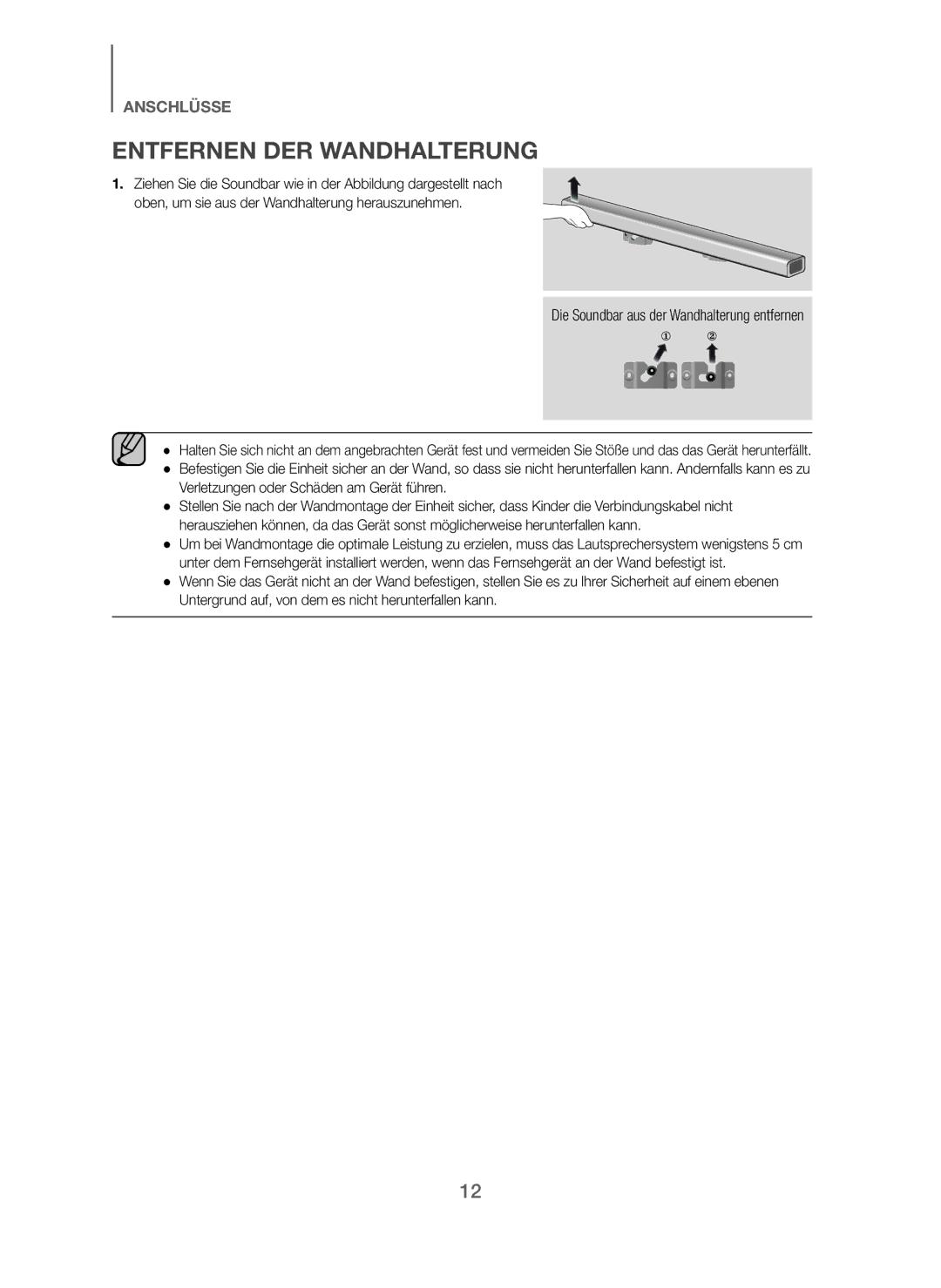 Samsung HW-J250/EN manual Entfernen DER Wandhalterung, Die Soundbar aus der Wandhalterung entfernen 