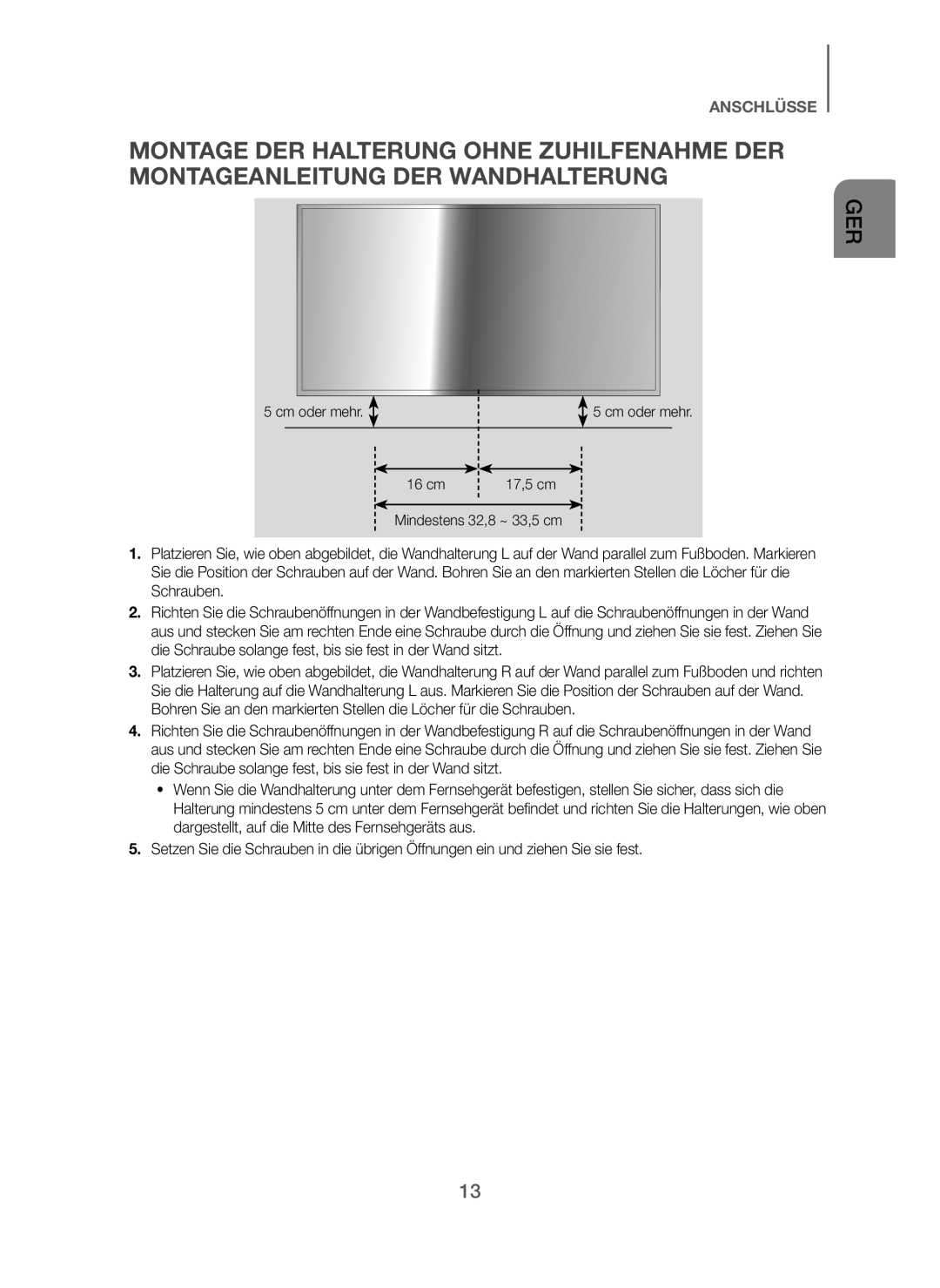 Samsung HW-J250/EN manual Cm oder mehr 16 cm, Mindestens 32,8 ~ 33,5 cm 