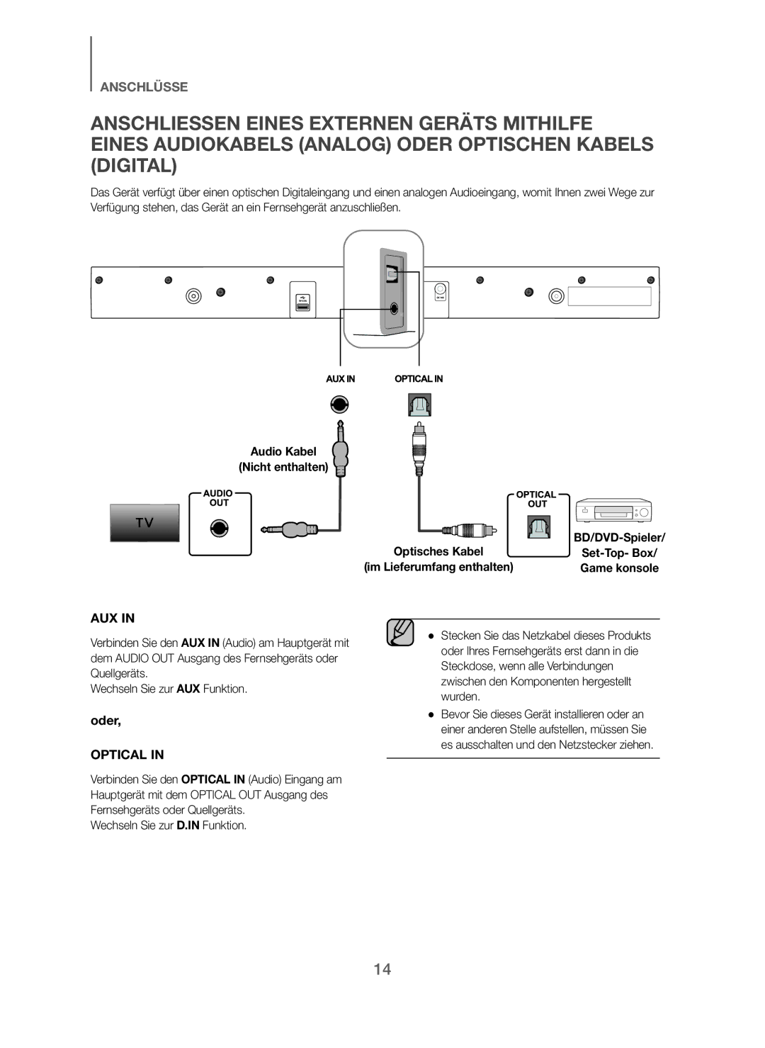 Samsung HW-J250/EN manual Audio Kabel Nicht enthalten 