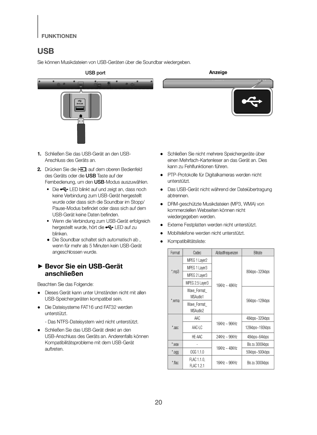 Samsung HW-J250/EN manual + Bevor Sie ein USB-Gerät anschließen, USB port, Hergestellt wurde, hört die LED auf zu Blinken 