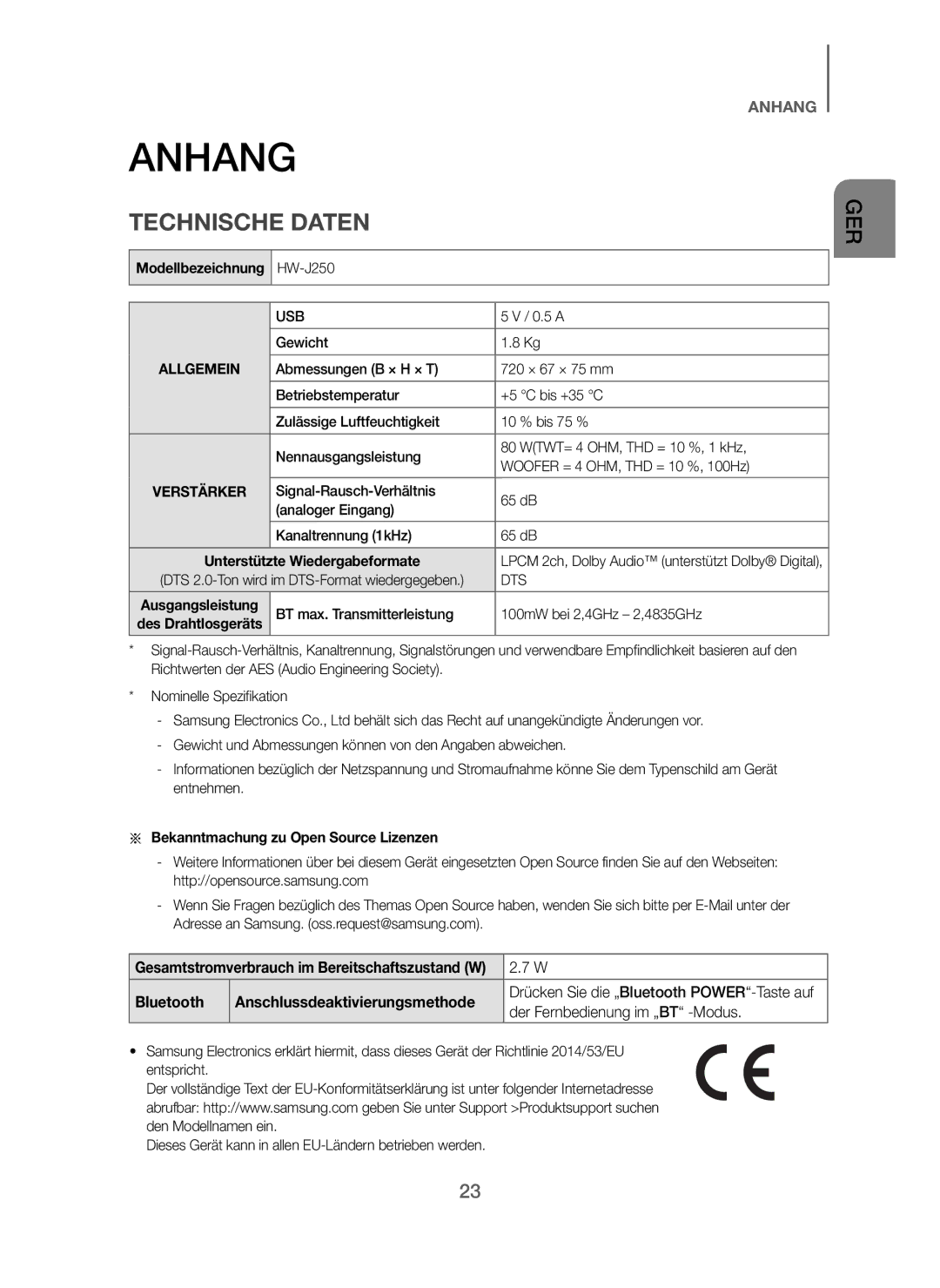 Samsung HW-J250/EN manual Anhang, Technische Daten, Der Fernbedienung im „BT -Modus 