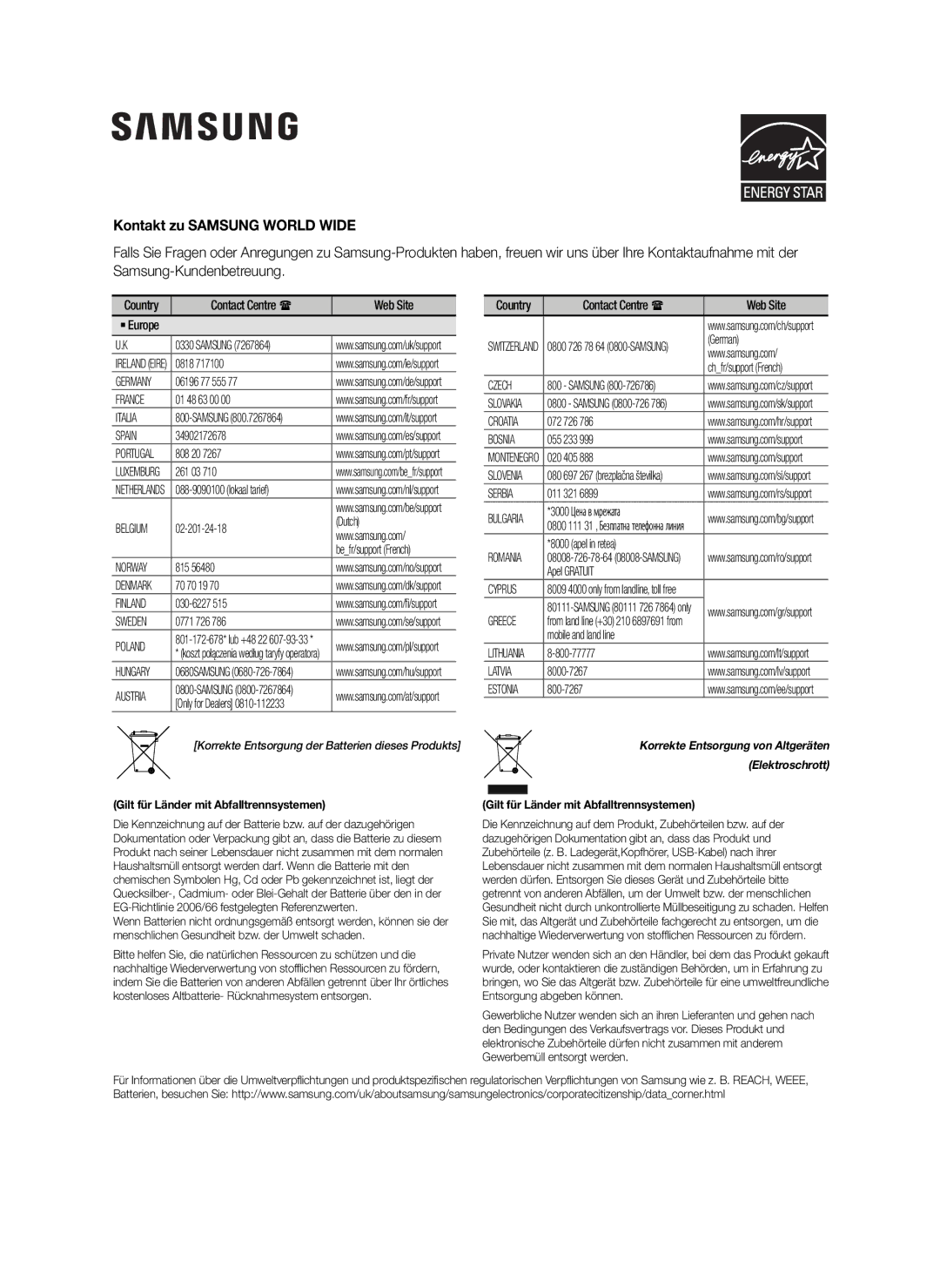 Samsung HW-J250/EN manual Kontakt zu Samsung World Wide, Samsung-Kundenbetreuung 